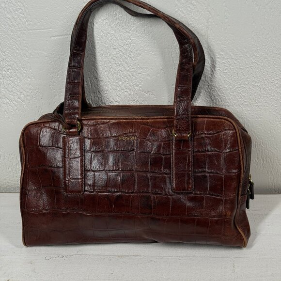 Fossil Croc Embossed Leather Satchel Brown Structured Shoulder Bag - Picture 4 of 16